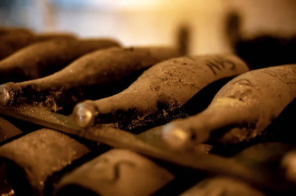 ラックの上にほこりの多いボトルで深く長い地下洞窟を歩く シャルドネからシャンパンスパークリングワインとランスのピノ ノワールのブドウを作る シャンパン フランス — ストック写真