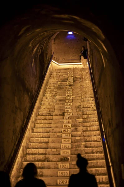 Staircase Deep Long Undergrounds Caves Making Champagne Sparkling Wine Chardonnay — Stock Photo, Image