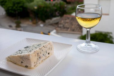 Peynir koleksiyonu, Roquefort-sur-Soulzon, Fransa 'dan yarı sert Fransız rokfor peyniri, soğuk beyaz Fransız şarabı ile servis edilir, yakın çekim.