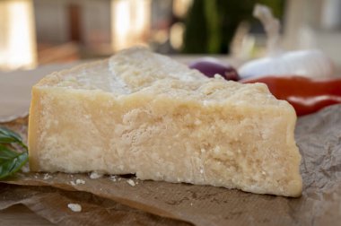 Peynir koleksiyonu, bir parça olgun peynir parmesan peyniri reggiano ve inek sütünden yapılmış İtalyan evleri.