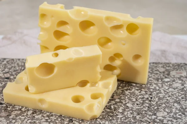 Cheese Collection Semi Hard French Cheese Emmentaler Holes Made Cow — Stock Photo, Image