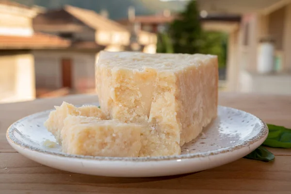 Coleção Queijos Pedaço Queijo Vaca Amadurecido Pasmesão Parmigiano Reggiano Casas — Fotografia de Stock