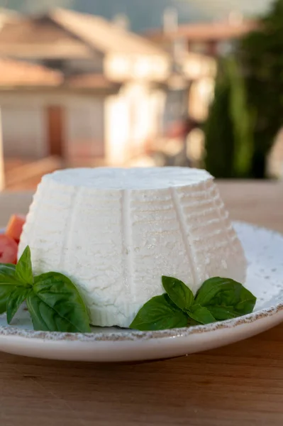 Sbírka Sýrů Bílá Italská Měkká Sýrová Ricotta Podávaná Čerstvými Rajčaty — Stock fotografie