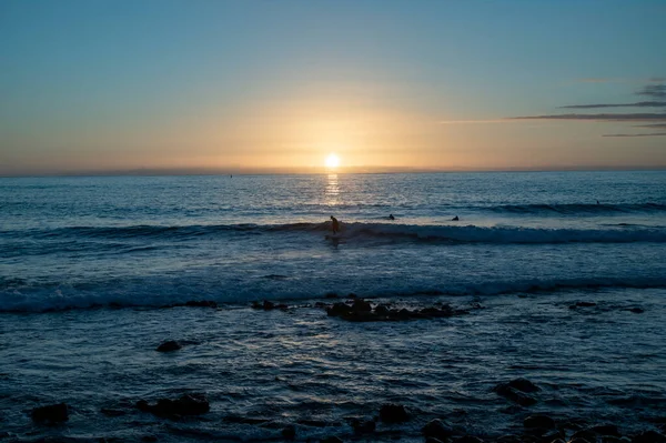 Group of surfers trains in cold water of Atlantic ocean on sunset in winter, Playa de las Americas, South of Tenerife