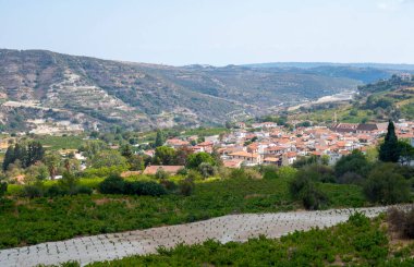 Kıbrıs adasında şarap üretimi sektörü, Omodos köyü yakınlarındaki Troodos dağ sırasının güney yamaçlarında büyüyen üzüm bitkileriyle Kıbrıs üzüm bağları manzarası