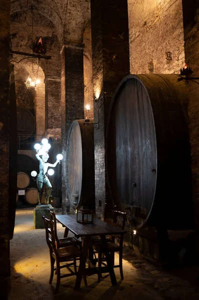 Cantine Sotterranee Medievali Con Antiche Botti Vino Rosso Invecchiamento Del — Foto Stock