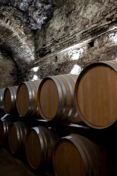 Cantine Sotterranee Medievali Con Antiche Botti Vino Rosso Invecchiamento Del — Foto Stock