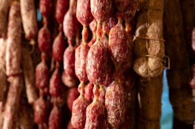 Parma, Emilia Romagna, İtalya 'daki kasapta asılı duran ev yapımı kurutulmuş salam sosisleri, et yemekleri arka planı.