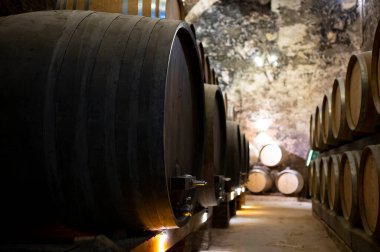İtalya 'nın Toskana kentindeki Montepulciano Tepesi' nde şarap nobile di Montepulciano 'nun yaşlanması için eski kırmızı şarap fıçılarıyla ortaçağ yeraltı şarap mahzenleri.