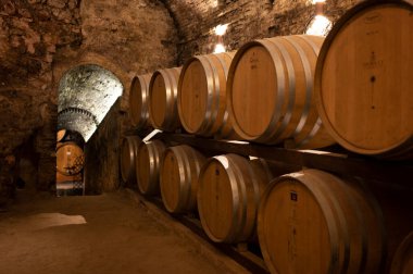 İtalya 'nın Toskana kentindeki Montepulciano Tepesi' nde şarap nobile di Montepulciano 'nun yaşlanması için eski kırmızı şarap fıçılarıyla ortaçağ yeraltı şarap mahzenleri.