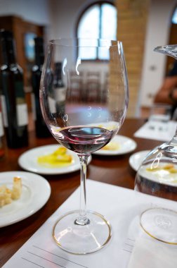 Kırmızı Brunello di Montalcino şarabı ve Montalcino Toskana, İtalya yakınlarındaki kantinde zeytinyağı tatma turu.