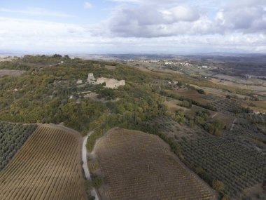 Bagno Vignoni, Toskana, İtalya yakınlarındaki Val d 'Orcia tepelerinde hava panoramik manzarası. Selvi ağaçları, üzüm bağları, ormanlar ve bulutlu sonbaharda sürülen tarlalarla Toskana manzarası.