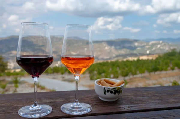 Wine industry of Cyprus island, tasting of red and rose dry wines on winery with view on vineyards and south slopes of Troodos mountain range in sunny day
