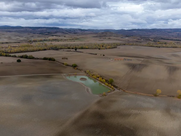 Widok Powietrza Wzgórza Val Orcia Toskania Włochy Toskańskie Krajobrazy Zaoranymi — Zdjęcie stockowe