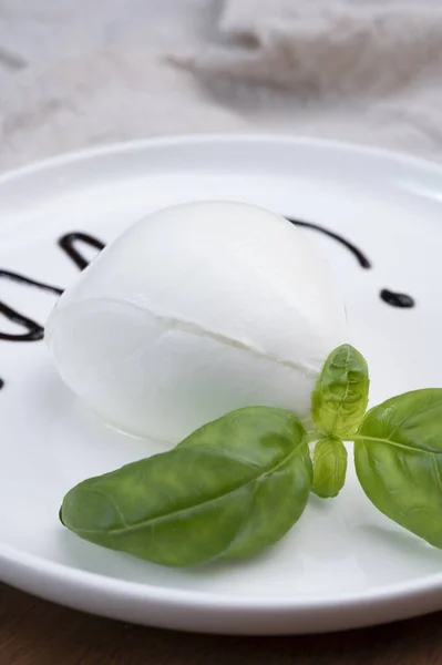 Tasing Queijo Italiano Fresco Mussarela Búfalo Com Vinagre Balsâmico Modena — Fotografia de Stock