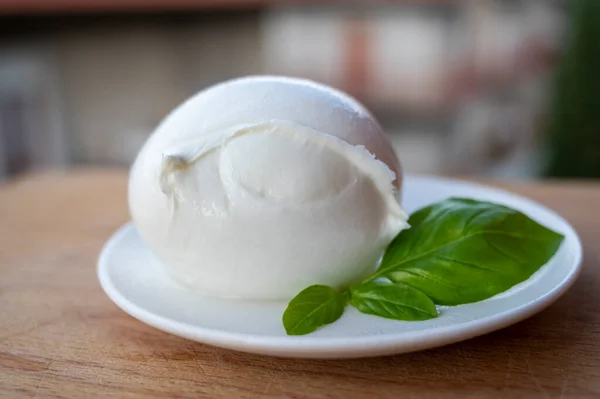 Λευκή Μπάλα Από Ιταλικό Μαλακό Τυρί Mozzarella Bufala Campana Και — Φωτογραφία Αρχείου