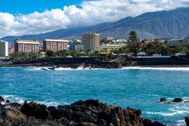 Puerto de la Cruz, Tenerife, Kanarya Adaları yakınlarındaki Punta Brava adlı küçük balıkçı köyündeki siyah lav kayalıklarına bakın.