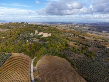 Bagno Vignoni, Tuscany, İtalya yakınlarındaki tepelerde hava panoramik manzarası. Selvi ağaçları, üzüm bağları, ormanlar ve bulutlu sonbaharda sürülen tarlalarla Toskana manzarası.