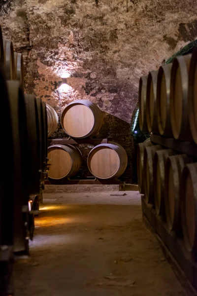 Medeltida Underjordiska Vinkällare Med Gamla Röda Vinfat För Lagring Vino — Stockfoto