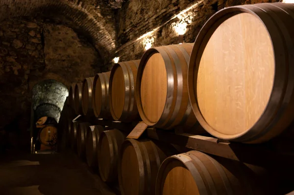 Caves Vin Souterraines Médiévales Avec Vieux Tonneaux Vin Rouge Pour — Photo