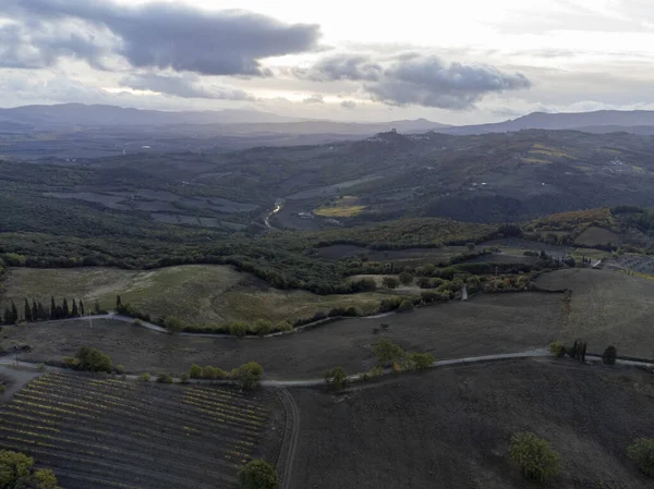 イタリア トスカーナ州のBagno Vignoni近くの丘の上に表示されます ヒノキの木 ブドウ畑 森林や曇りの秋に耕されたフィールドとトスカーナの風景 — ストック写真