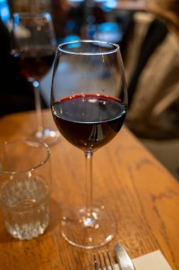 Puglia 'daki İtalyan kantin restoranında İtalyan primitivo kırmızı şarabının tadına bakıyorum.