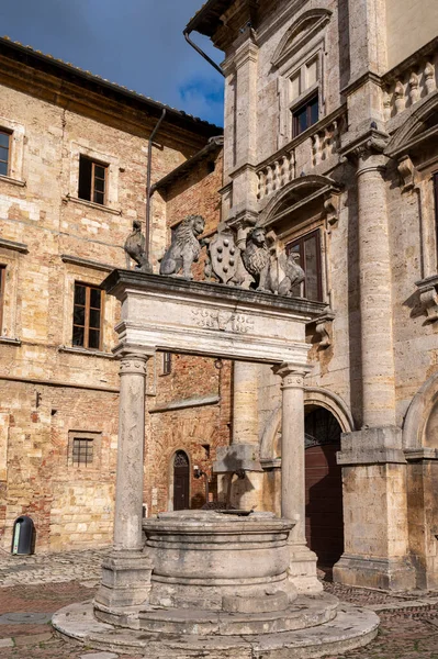 Vista Strade Case Pietra Nell Antica Città Montepulciano Toscana Italia — Foto Stock