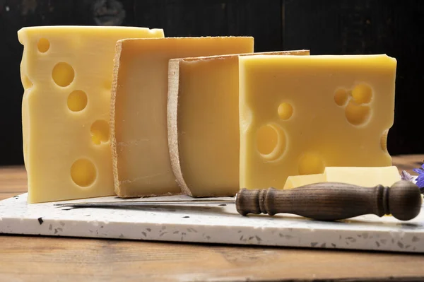 Swiss cheese collection, emmentaler with holes,  gruyere, appenzeller fondue cheeses close up