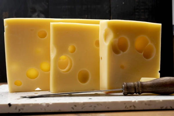 Swiss Cheese Collection Yellow Emmentaler Emmental Cheese Holes — Stock Photo, Image