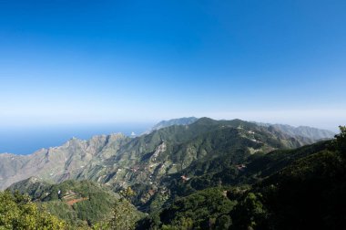 Anaga Ulusal Parkı 'nın yeşil dağlarının panoramik manzarası, Tenerife' nin kuzeyi, Kanarya Adaları, İspanya