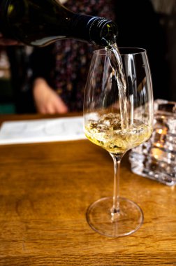 Restoranda servis edilen bir bardak Şili Chardonnay Viognier beyaz şarap.