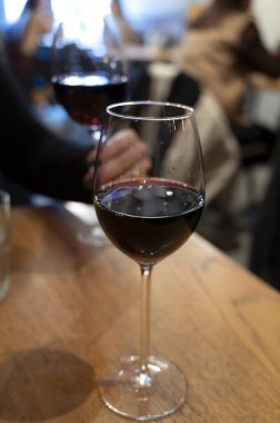 Puglia 'daki İtalyan kantin restoranında İtalyan primitivo kırmızı şarabının tadına bakıyorum.