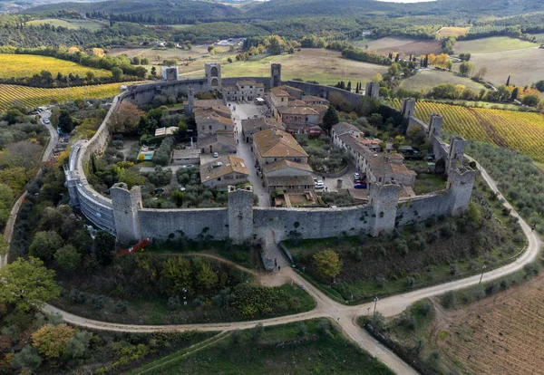 Vista Aeriel Volta Fortaleza Medieval Colina Monteriggione Toscana Itália — Fotografia de Stock
