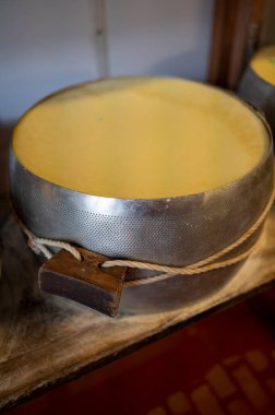 Parma, İtalya 'daki küçük peynir çiftliğinde parmegiano-reggiano parmesan peyniri pişirme işlemi tuzlu su banyosu ile tuzlu su emmek için tuzlu su banyosu ve peynir tekerlekleri ile paslanmaz çelik tokalar.