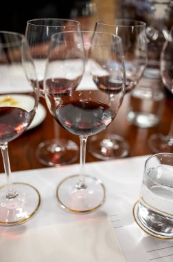 Kırmızı Brunello di Montalcino şarabı ve Montalcino Toskana, İtalya yakınlarındaki kantinde zeytinyağı tatma turu.