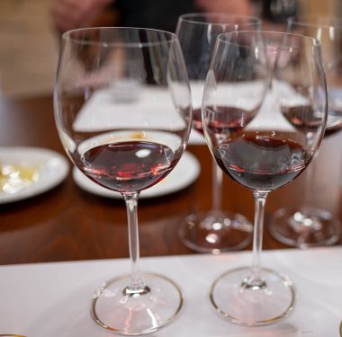 Kırmızı Brunello di Montalcino şarabı ve Montalcino Toskana, İtalya yakınlarındaki kantinde zeytinyağı tatma turu.