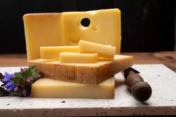 Swiss cheese collection, holes emmentaler and gruyere cheese made from unpasteurized cow's milk close up