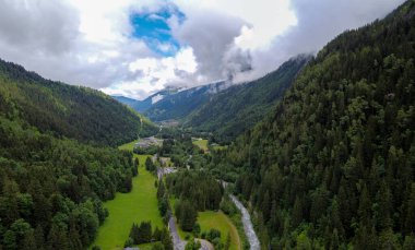 Fransız Alp dağlarının yamaçlarındaki yeşil çam ormanları ve çayırlar