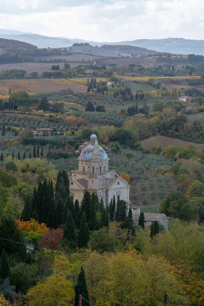 Vista Sobre Igreja Colinas Vinhas Cidade Velha Montepulciano Toscana Outono — Fotografia de Stock