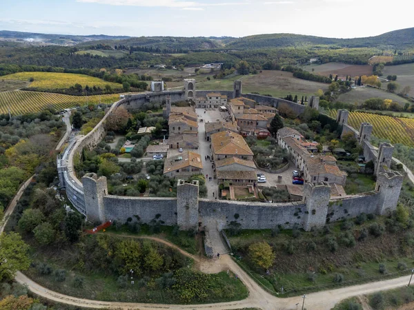 Aeriel Vista Rotonda Città Medievale Fortezza Sulla Collina Monteriggione Toscana — Foto Stock