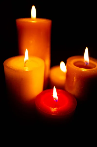 Burning Red Candles Black Background Copy Space — Stock Photo, Image