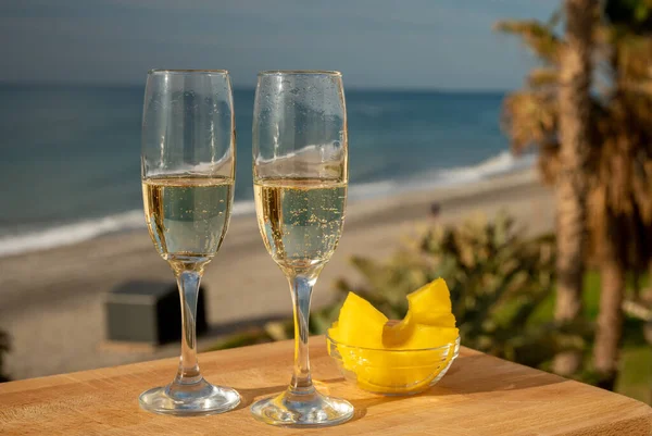 Outdoor Breakfast Sunny Day Spanish Cava Sparkling Wine Pineapple View — Stock Photo, Image