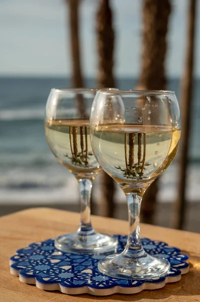 Glasses Spanish Dry White Wine Served Andalusian Style Board Blue — Stock Photo, Image