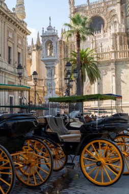 Eski tarihi Endülüs kasabası Seville, İspanya. Yazın Gotik Katedral Kilisesi 'nin mimari detaylarını incele