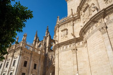 Eski tarihi Endülüs kasabası Seville, İspanya. Yazın Gotik Katedral Kilisesi 'nin mimari detaylarını incele
