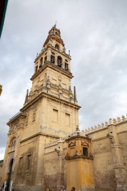 Yazın Cordoba, Endülüs, İspanya 'daki eski camide ortaçağ kulesi ve bahçesi.