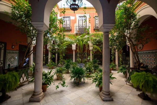 Estilo Andaluz Patio Con Plantas Arcos Verdes Casco Antiguo Sevilla —  Fotos de Stock