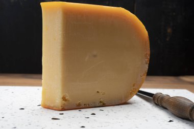 İnek sütünden bir parça Hollanda Gouda peyniri.