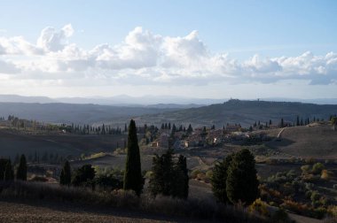 Pienza, Tuscany, İtalya yakınlarındaki tepelerde panoramik manzara. Selvi ağaçları, üzüm bağları, ormanlar ve güneşli bir sonbahar gününde sürülen tarlalarla Toskana manzarası.