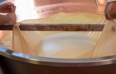 Parma, Reggio-Emilia, İtalya 'daki küçük bir peynir çiftliğinde parmesanlı parmesan peynirinin inek sütlü tekerleklerinden yapılan geleneksel bir işlem.